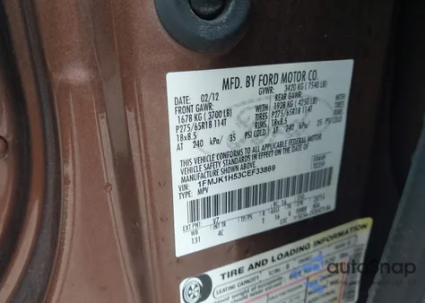 2012 Ford Expedition El Xlt from USA, damaged, VIN 1FMJK1H53CEF33869